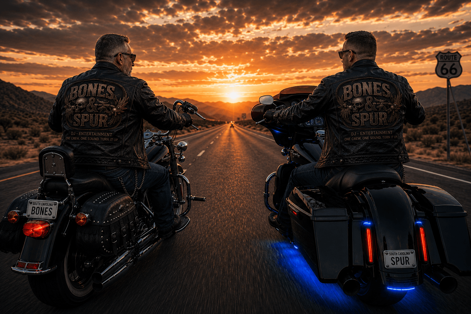 Bones and Spur riding together at golden hour