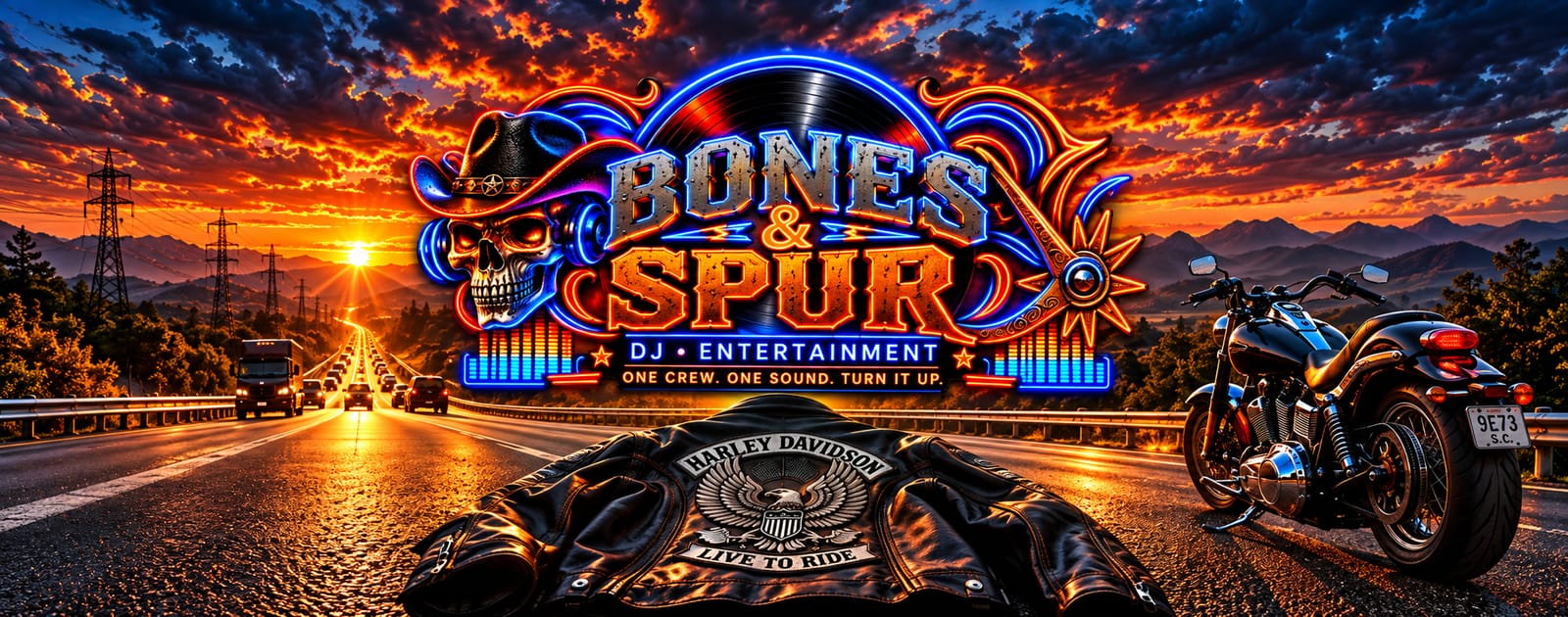 Neon highway with the Bones & Spur skyline