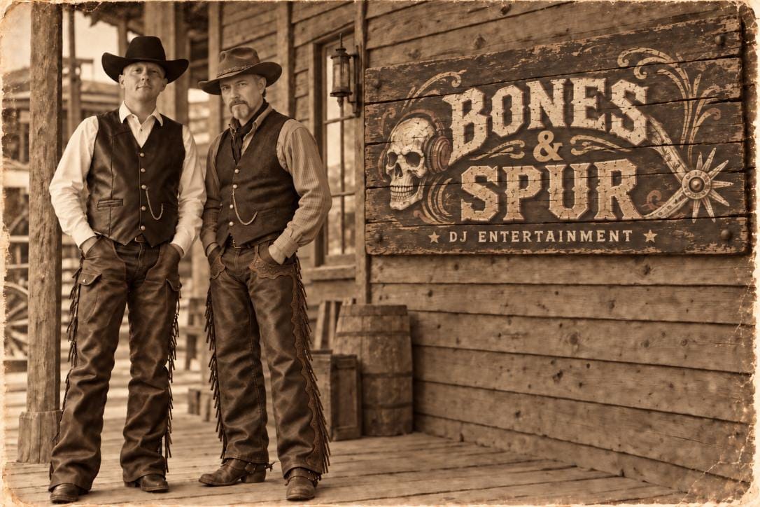 Bones and Spur on a western porch beside the Bones & Spur sign
